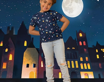 Kids Space Explorer T-Shirt - Fun Galaxy Print Crew Neck Tee for Children