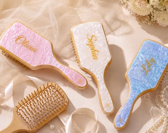 Escova de cabelo personalizada com nome para damas de honra, presente para o cortejo nupcial no dia do casamento e florista, pente de cabelo com qualquer texto, pente desembaraçador gravado.