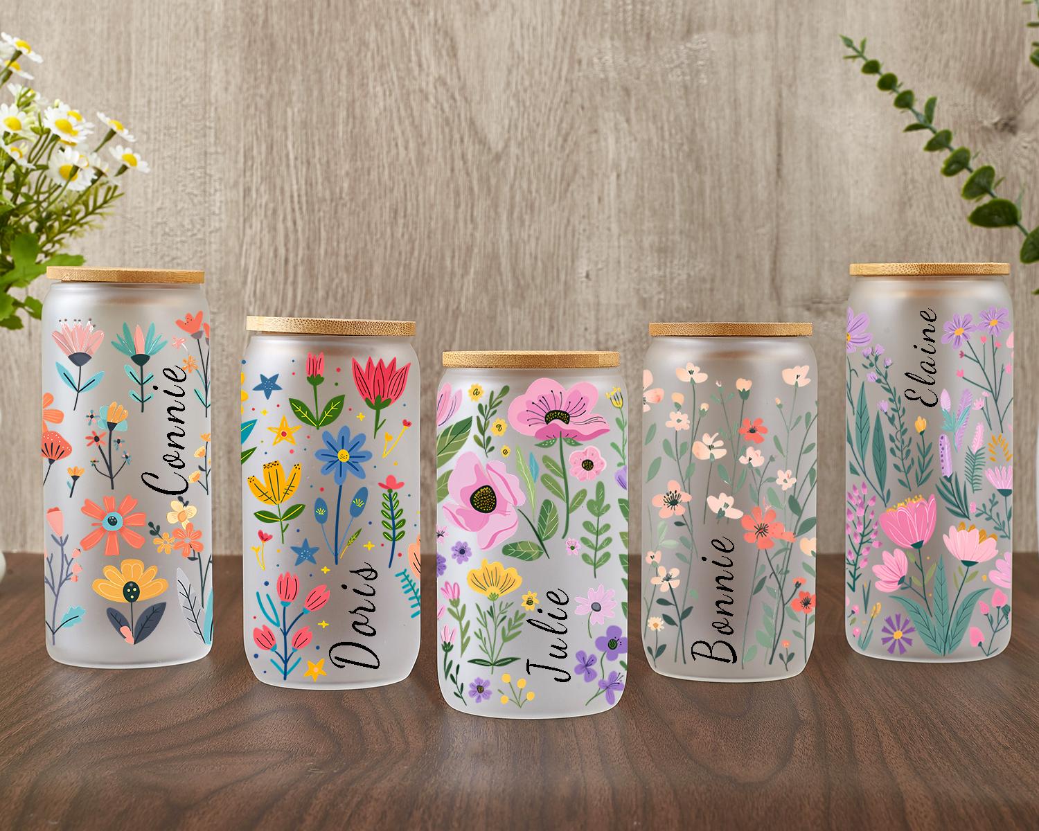 Custom Iced Coffee Cup Floral Retro,Personalized Can Glass with Lid and Straw, Bridesmaid Gift, Bachelorette Glass Cup, Bridesmaid Proposal