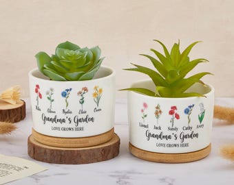 Kundenspezifischer Geburtsblumen-Blumentopf, Omas Gartenblumentopf, Miniblumentopf mit Familiengeburtsblume ， Geschenk für Oma ， Muttertagsgeschenk