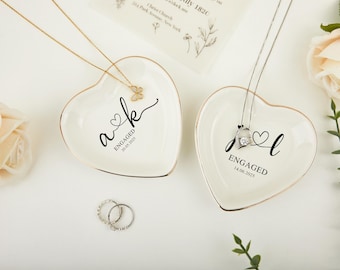 Gepersonaliseerde verlovingsring schaal, aangepaste initialen hart datum ring schaal, huwelijkscadeau, sieradenhouder, bruids douche, jubileumcadeau