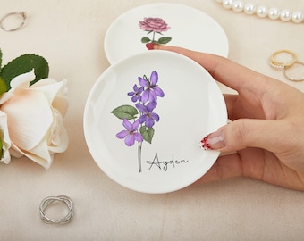 Plato para anillos personalizado con la flor de nacimiento, regalo perfecto para damas de honor o mejores amigas, plato para anillos de boda, plato de joyería personalizado, fiesta de cumpleaños, regalo para mamá