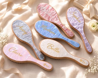 Custom Engraved Pearlescent Hair Brush, Personalized Name Comb, Bridesmaids Gift
