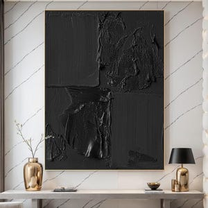 Art mural noir texturé 3D, art mural noir minimaliste wabi-sabi, grande peinture abstraite sur toile texturée noire, décoration de chambre à coucher moderne et élégante