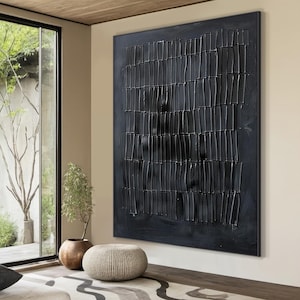 Art mural minimaliste noir, art mural noir texturé 3D Wabi Sabi, grande peinture abstraite sur toile texturée, décoration de salon moderne et élégante