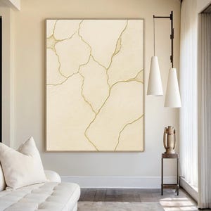 Art mural texturé beige pur, tableau minimaliste blanc crème - Art abstrait sur toile ligne or - Grande décoration murale texturée 3D pour le salon