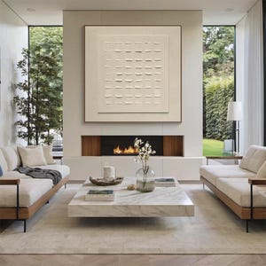 Art mural minimaliste en grille 3D | Toile géométrique texturée | Peinture abstraite neutre | Motif structuré moderne | Décoration de bureau à domicile contemporaine