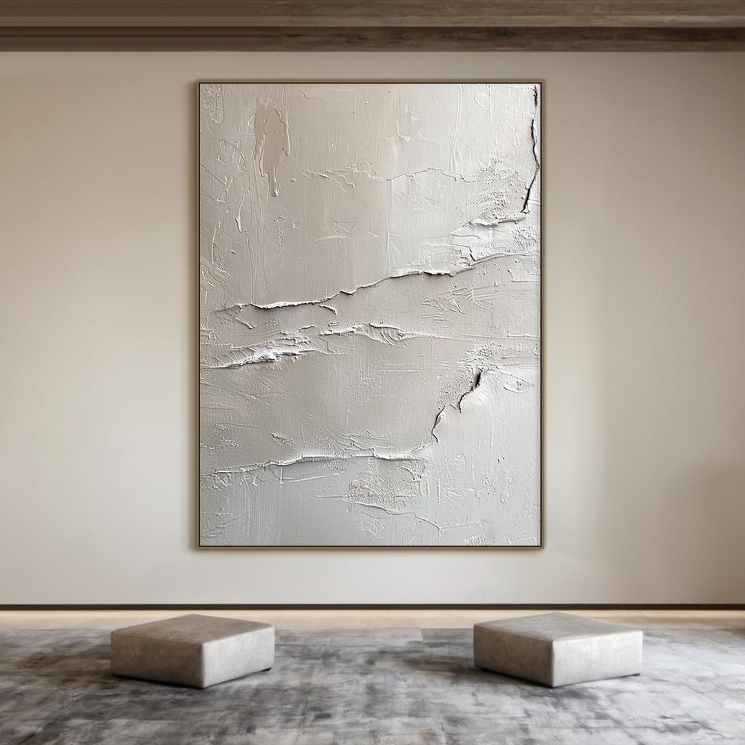 Large Light Beige Abstract Oil Painting on Canvas, White Minimalist ...