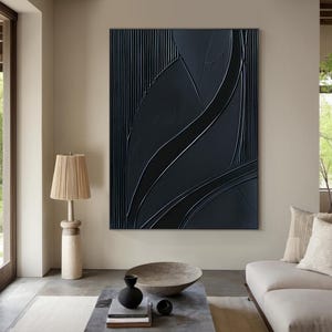 Art mural texturé noir pur, peinture minimaliste au fusain, art mural minimaliste noir pour salon, grande peinture texturée 3D sur toile