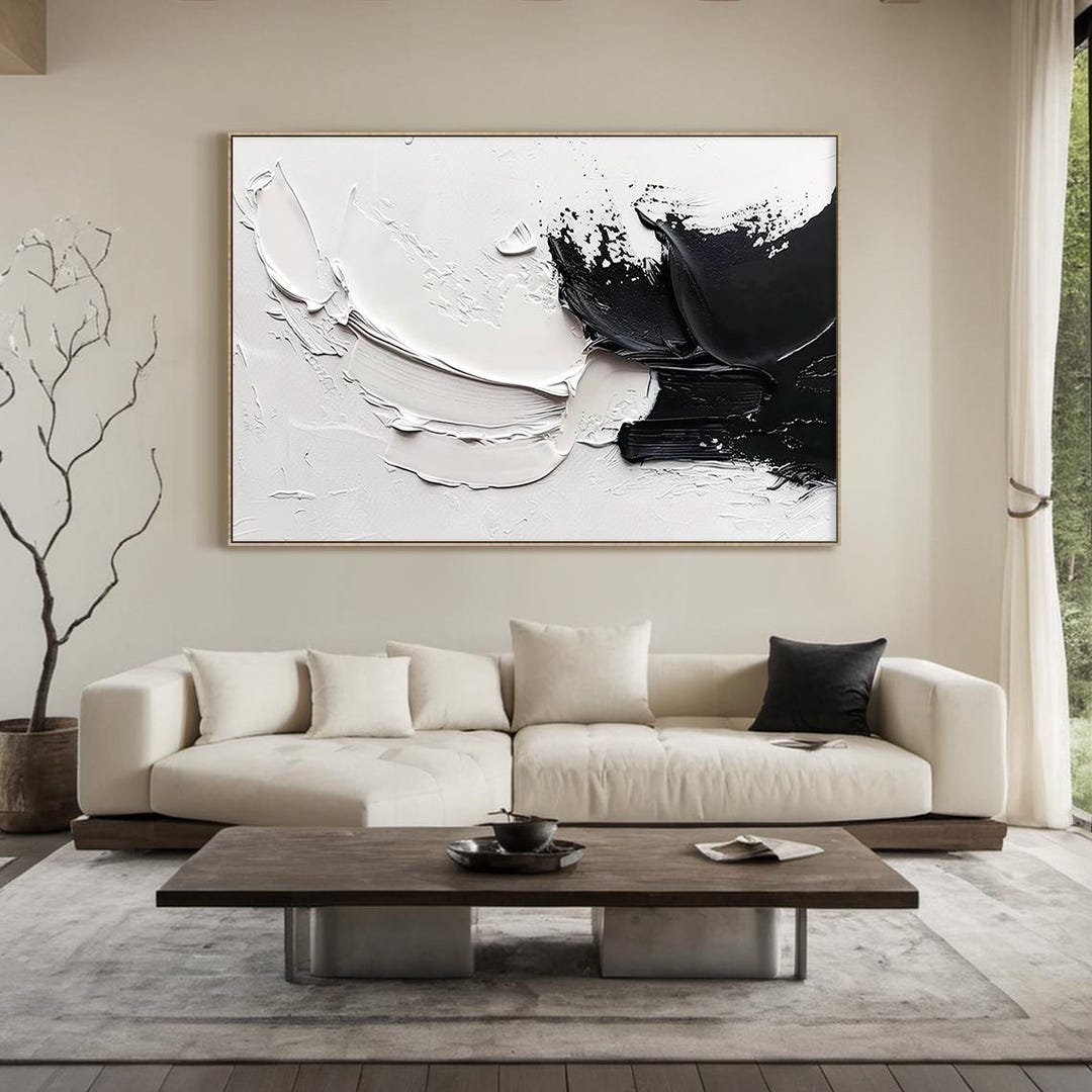 Abstract Texture Wall Art Black White Contrast Canvas Oil Painting Wabi ...