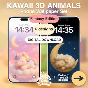 Sfondi per telefono con animali in 3D - Download digitali 6 in 1 / Pacchetto di simpatici animali con unicorno, drago, pecora, rana, volpe, fenice per iPhone e Android