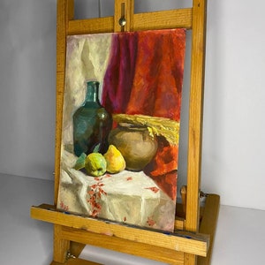 Bodegón con peras y jarrón verde - Pintura al óleo original, 29,5 x 20 cm