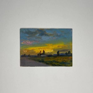 Paisagem do Pôr do Sol em Miniatura - Pintura a Óleo Original 6,35 cm x 8,95 cm