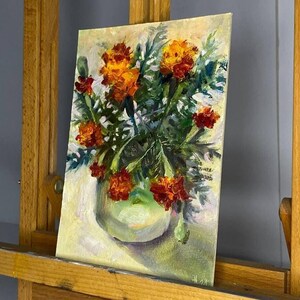 Calêndulas vibrantes em vaso de vidro: pintura a óleo original 7x5"