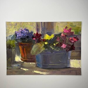 Natureza morta com flores iluminadas pelo sol - Pintura a óleo original 7x5"
