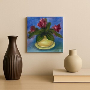 Pequeña pintura al óleo floral original: bodegón de flores de 12,7 x 12,7 cm sobre cartón