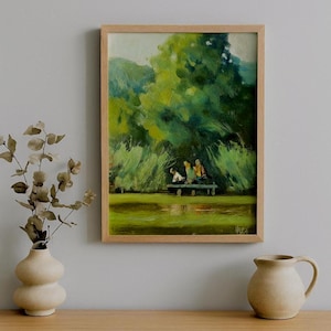 Pessoas à Beira do Rio – Pintura a Óleo Original sobre Papelão 6 x 4 pol. – Arte de Paisagem de Verão, Cena Natural Impasto