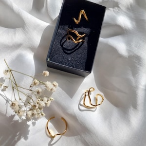 May include: A collection of gold-colored rings in various abstract designs. Two rings are in a black box, while two others are displayed separately on a white, textured surface. A sprig of white flowers adds a delicate touch.
