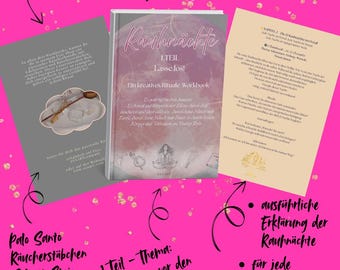 Puede incluir: Un fondo rosa con un libro, un cuaderno de trabajo y otros elementos. El libro se titula "Rauhnächte" y el cuaderno de trabajo "Lasse los!". La imagen también incluye Palo Santo, piedra de selenita y una pulsera. El texto incluye "40 Seiten zum Loslassen" y "Ein kreatives Rituale Workbook".