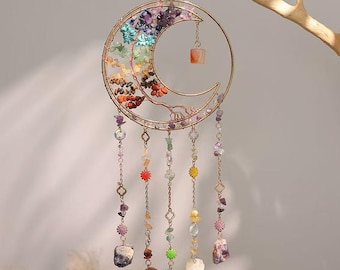 Crystal Moon Dreamcatcher Wind Chime: Healing Quartz Boho Wall Hanging