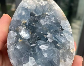 May include: A polished, oval-shaped celestite crystal geode. The geode features a cavity filled with clusters of blue crystals, surrounded by a light gray and white outer layer. The crystal is held in a hand.