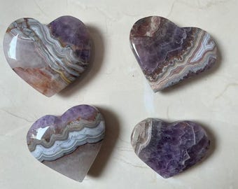 Amethyst & Crazy Lace Agate Heart Carving, Rare Gemstone for Balance and Serenity