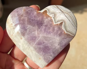 Amethyst & Crazy Lace Agate Heart Carving, Rare Gemstone for Balance and Serenity