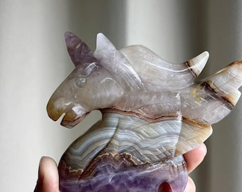 Hand-Carved Amethyst & Crazy Lace Agate Unicorn Sculpture: Healing Crystal Decor