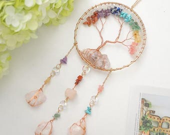 Celestia Quartz Tree Dreamcatcher Wind Chime, Healing Energy Gift for Home Decor