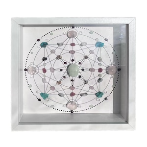 May include: A white framed square art piece with a geometric design featuring a variety of crystals and stones in shades of pink, green, and turquoise. The crystals are arranged in a circular pattern with a central green stone.
