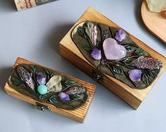 Houten doos versierd met kristallen, geschenkdoos voor sieraden, opbergdoos voor kristallen en speciale voorwerpen, handgemaakte kristallen doos