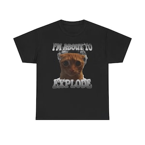 Op de afbeelding: Zwart T-shirt met een vervaagde afbeelding van een kat en de tekst "I'M ABOUT TO EXPLODE" in zilver, 3D-stijl. De kat heeft een bezorgde uitdrukking.