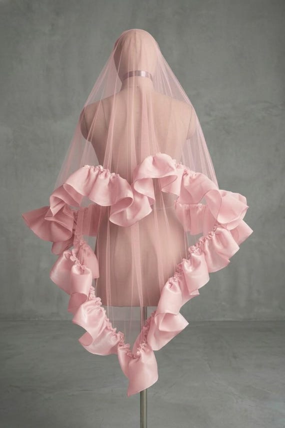 Romantic Pink Ruffled Bridal Veil, Heart-shaped Statement Veil