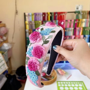 Hand Embroidered Velvet Rose Headband: Vintage Floral Hair Accessory
