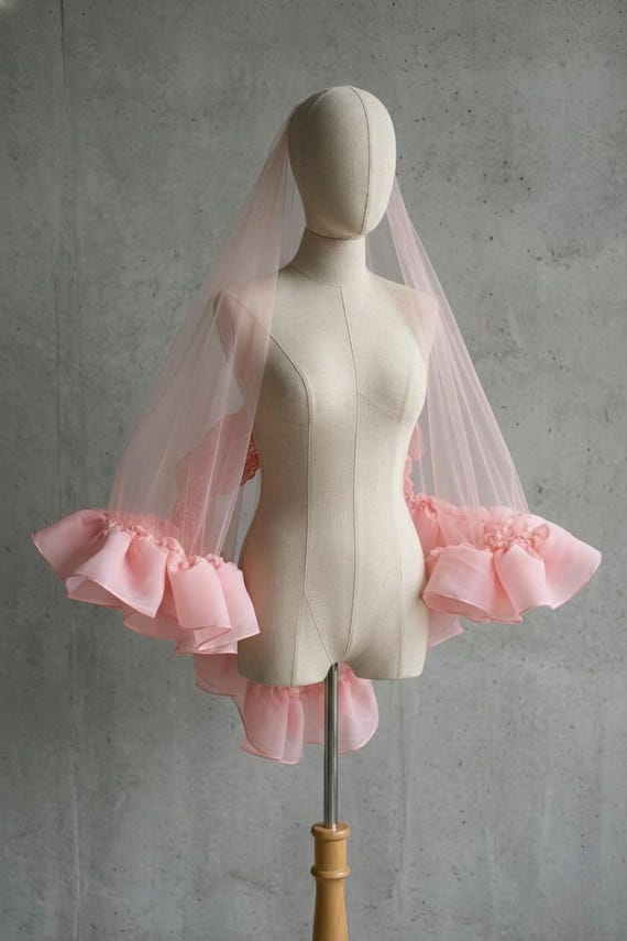 Romantic Pink Ruffled Bridal Veil, Heart-shaped Statement Veil