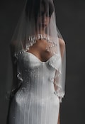 Pearl Drop Embellished Bridal Veil, Elegant Couture Wedding Veil, Sparkling Beaded Bridal Veil with Teardrop Details, Couture Design product logo