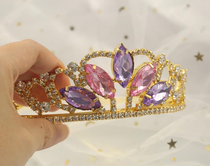 Rapunzel tiara pink and purple rhinestone shiny gold crown birthday party tiara girl Halloween dress up gift princess crown