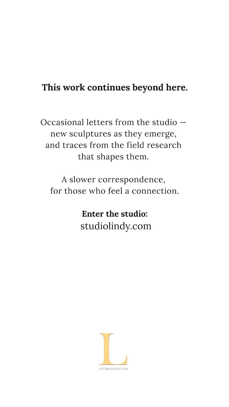 May include: White background with black text. The text reads "This work continues beyond here." Additional text describes studio correspondence and a website address, studiolindy.com. A stylized gold letter "L" is at the bottom.