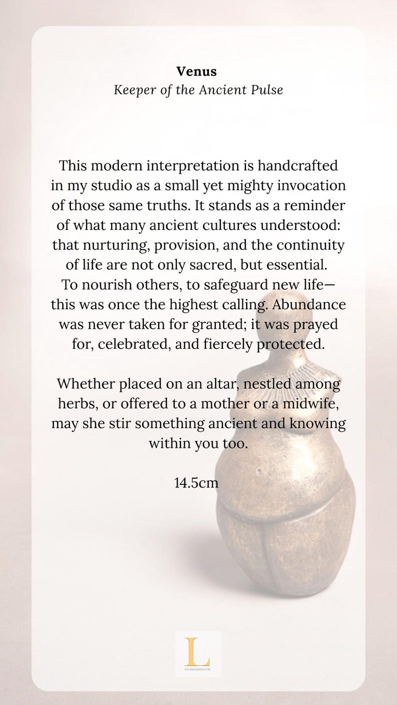 May include: A bronze-colored, acorn-shaped sculpture with the text "Venus Keeper of the Ancient Pulse." The sculpture is 14.5 cm tall. The text describes the sculpture's purpose and meaning.