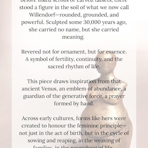 May include: A beige sculpture of a female figure, inspired by ancient Venus statues, with text that reads "Venus Keeper of the Ancient Pulse". The text describes the figure as a symbol of fertility and strength.
