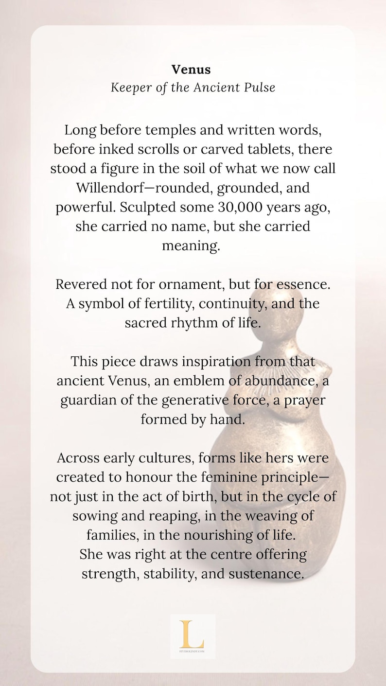 May include: A beige sculpture of a female figure, inspired by ancient Venus statues, with text that reads "Venus Keeper of the Ancient Pulse". The text describes the figure as a symbol of fertility and strength.