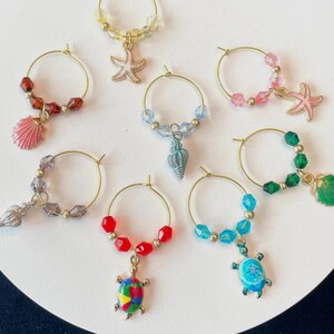 8 Seaside Wine Glass Markers-Gold Rings: Painted Enamel Starfish Shells Turtles