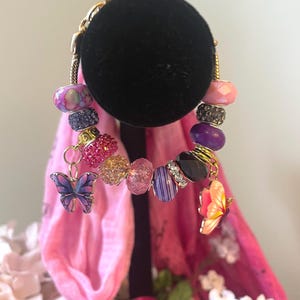 6&quot; + 2&quot; Pink Purple Beads & Butterfly Charms on Gold Tone Snake Chain Bead Bracelet