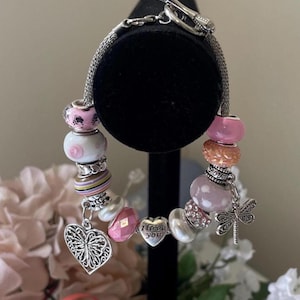 Pink Beaded 8&quot; Silver Snake Chain Charm Bracelet: Butterfly Dragonfly Toggle Closure