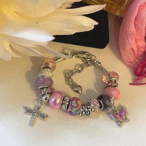 6 3/4&quot; Silver Tone Snake Chain Beaded Bracelet 2&quot; Extension Lobster Clasp Rhinestone Butterfly Dragonfly Pink Purple Beads Perfect Fun Gift