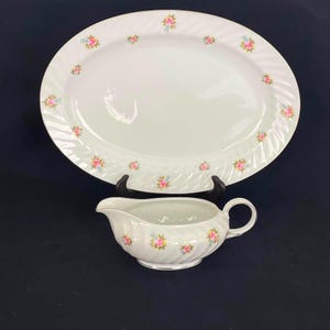 Seyei Japan Platter & Gravy Boat: Vintage  Bouquet Pattern, Silver Trim