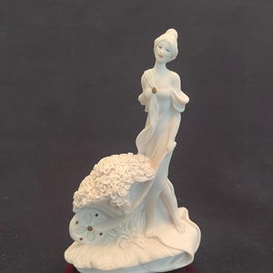 Giuseppe Armani White Porcelain Statuette "Girl With Overflowing Cart of Flowers" Made In Italy Mahogany Base Vintage Collectible Make Offer