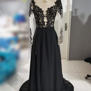 Black Illusion Prom Dress: Sheer Long Sleeves, Backless Evening Gown