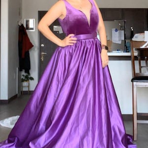 Velvet Bodice Purple Prom Dress: A-Line Satin Formal Gown