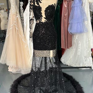 Crystal Beaded Black Feather Prom Dress: Illusion Evening Gown